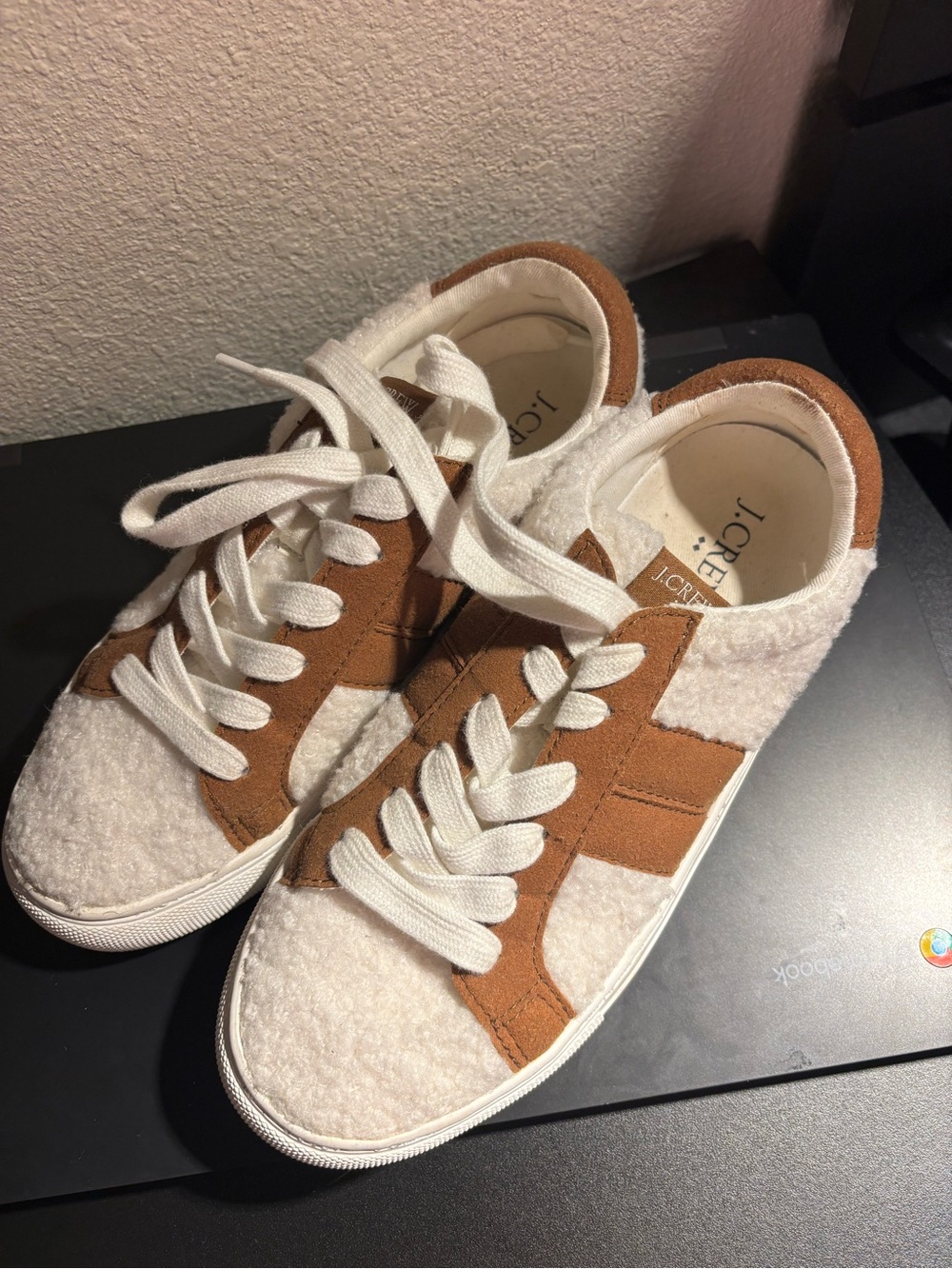 J. Crew White Sherpa Sneakers with Brown Suede Accents